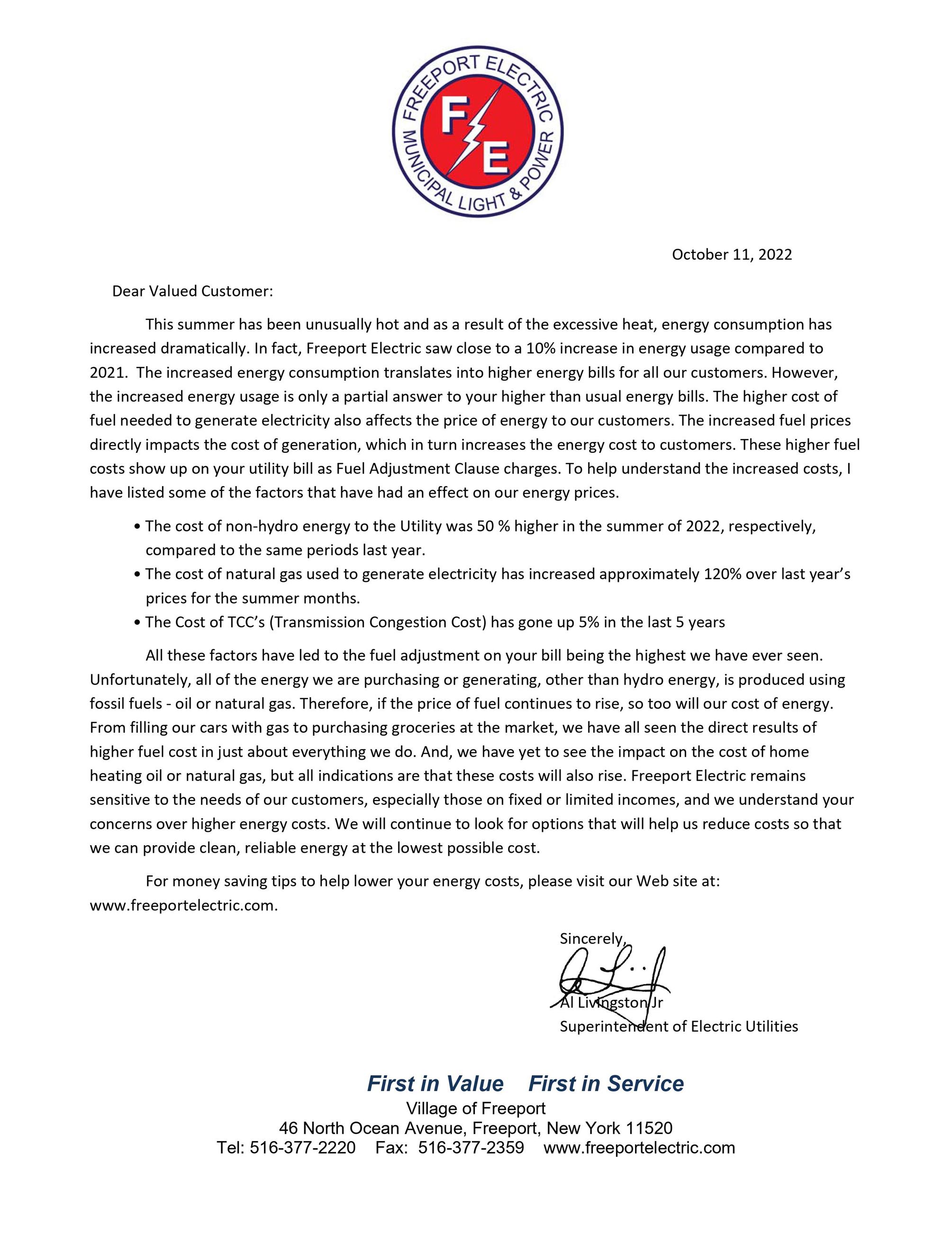 FAC Letter to Customers